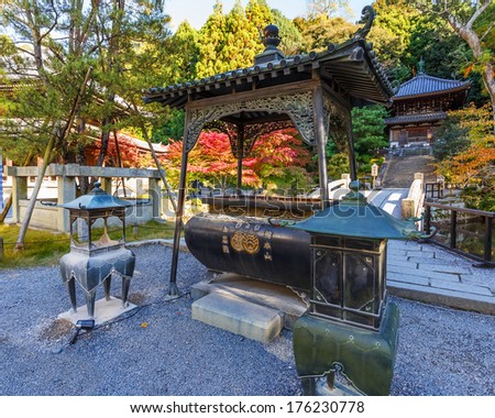 KYOTO, JAPAN - NOVEMBER 18: Incense burner in Kyoto, Japan on November 18, 2013. The bronze incense burner Situated in a garden of Chion-in Temple