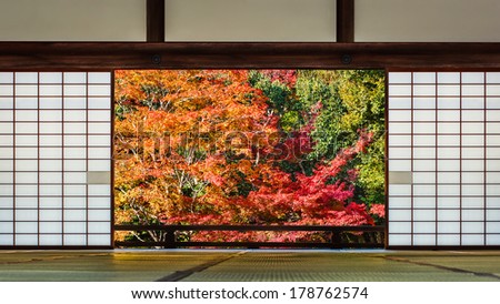 A room with a Japanese garden view at Tenryu-ji Temple in autumn in Kyoto
