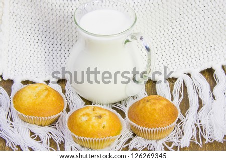 sweet vanilla domestic cakes and carafe with milk