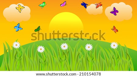 summer landscape at sunset with butterflies and flowers,vector illustration