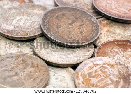 Old hungarian silver coins. The coins were made in 1947, with Kossuth\'s face and the hungarian coat of arms on them.