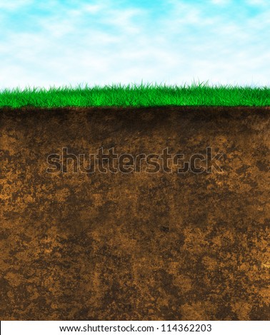 Blue sky green grass brown earth background. portrait oriented cut out...  Wild grass over the rich texture surface