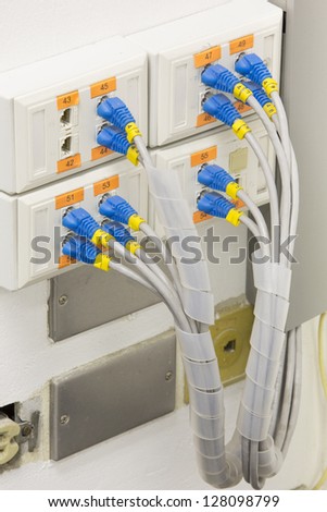 Panel of Fiber network switch with some yellow network cables