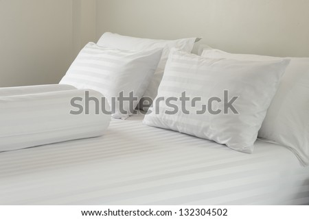 White Pillows On A Bed Comfortable Soft Pillows On The Bed