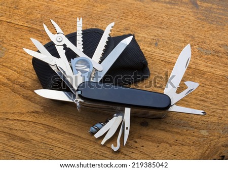 multipurpose pocket knife on wood