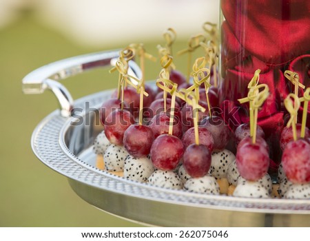Luxury food and drinks on wedding table.