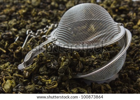 strainer against the background spilled green tea