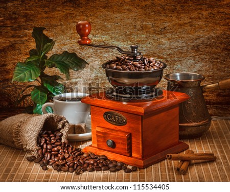 grinder and other accessories for the coffee in an old-style
