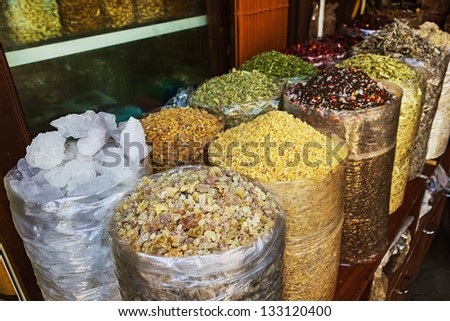 dried herbs flowers spices in the street shop