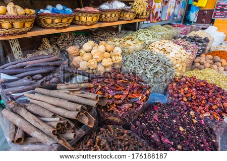 dried herbs flowers spices in the spice souq at Deira. UAE Dubai