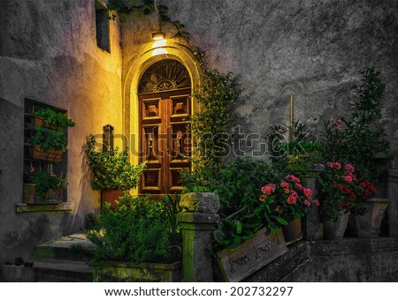 Door in an old house decorated with flower pots and flowers at night