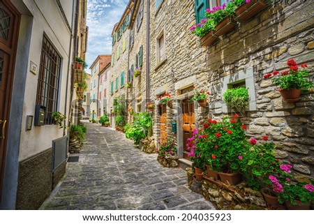 ITALY - JUNE 23, 2014: Typical Italian street in a small provincial town of Tuscan, Italy, Europe