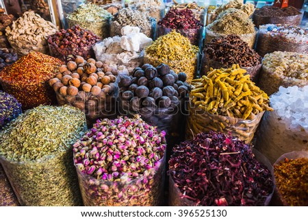 dried herbs flowers spices in the spice souq at Deira. UAE Dubai