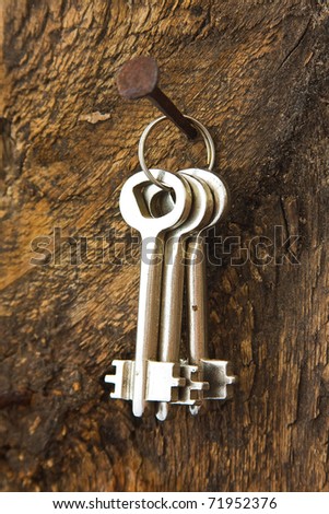 forgotten keys on an old nail clogged at the wall