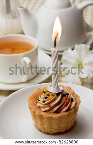 cake with a candle and tea drinking