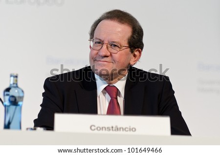 BARCELONA, SPAIN - MAY 03: European Central Bank Vice-President VÃ?Â­tor ConstÃ?Â¢ncio chairs the press conference following the Governing Council meeting of the ECB on May 3rd 2012 in Barcelona, Spain