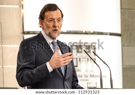 Madrid, Spain - September 06: Spanish Prime Minister Mariano Rajoy Speakes At A Press Conference At The Visit Of German Chancellor Merkel In The Moncloa Palace On September 06, 2012 In Madrid, Spain.
