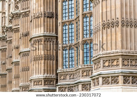 Gothic style facade of the Houses of Parliament, London, UK