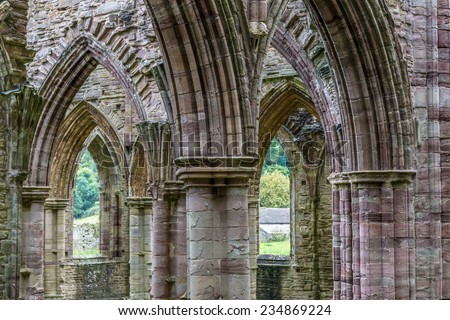Arches and columns of the Tintern Abbey church, first Cistercian foundation in Wales, dating back to a.d. 1131