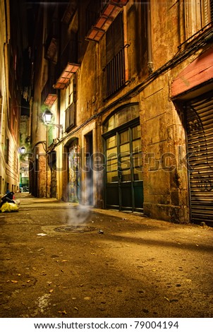 Barcelona mystic night Small lane in the historic, gothic center of Barcelona, Spain