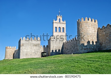 Medieval fortification imposing medieval Walls (11th-14th centuries) of Avila, Spain