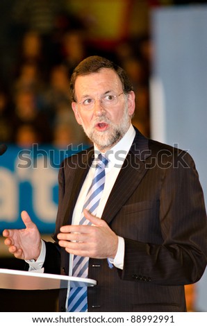L\'HOSPITALET, SPAIN - NOVEMBER 16: Mariano Rajoy, president of Spanish People\'s Party and running for president, speaks at a meeting during the 2011 Spanish election campaign on November 16, 2011 in L\'Hospitalet, Spain