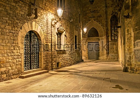 gothic quarter, Barcelona, Spain - nightly lane behind the gothic cathedral