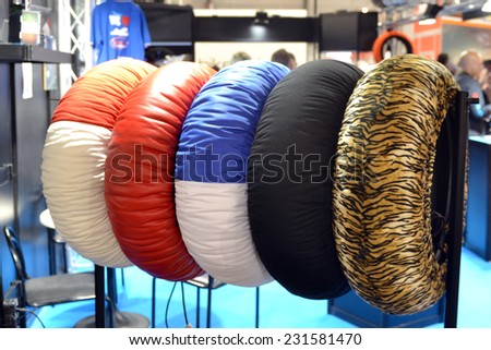 MILAN, ITALY - NOV 8: cover colorful erasers at EICMA, 72 th International Motorcycle Exhibition November 8, 2014 in Milan, Italy.
