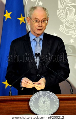 MILAN,ITALY-DECEMBER 1: Italian Prime Minister Silvio Berlusconi and European Parliament President Herman van Rompuy attend a press conference on December 1, 2009 in Milan Italy