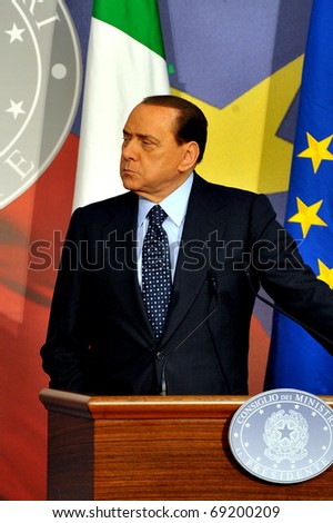 MILAN,ITALY-DECEMBER 1: Italian Prime Minister Silvio Berlusconi and European Parliament President Herman van Rompuy attend a press conference on December 1, 2009 in Milan Italy
