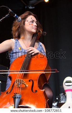 SEATTLE - JULY 22:  Neyla Pekarek of Denver folk band the Lumineers plays the cello on stage during the Capitol Hill Block Party in Seattle on July 22, 2012