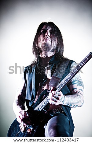 SEATTLE - SEPTEMBER 1, 2012:  Rock guitarist Dave Navarro of Jane\'s Addiction performs on stage during Bumbershoot in Seattle on September 1, 2012.