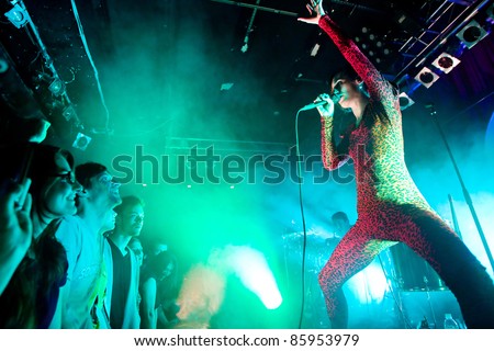 SEATTLE - MAY 14:  Euro Pop French singer Yelle performs in a skin tight body suit on stage at Neumos in Seattle, WA on May 14, 2011.