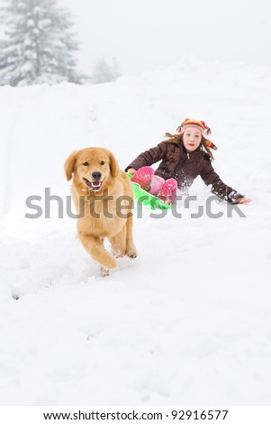 A golden retriever dog pulling a child on a sled down a snow covered hill.