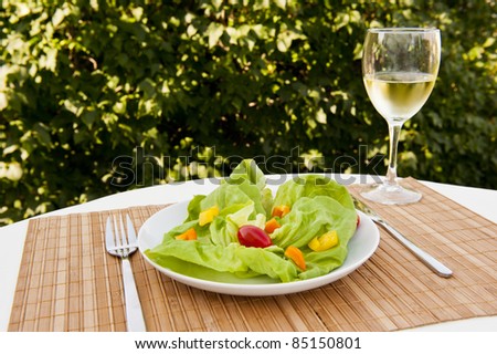 Summer lunch of a fresh green salad and a glass of white wine