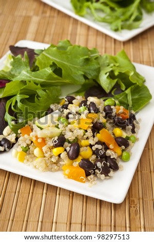 Plate of quinoa vegetable salad and field greens