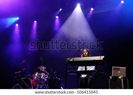BARCELONA, SPAIN - JUNE 9: Chinese Christmas Cards band performs at Sant Jordi Club on June 9, 2012 in Barcelona, Spain during the Porompopero Festival.