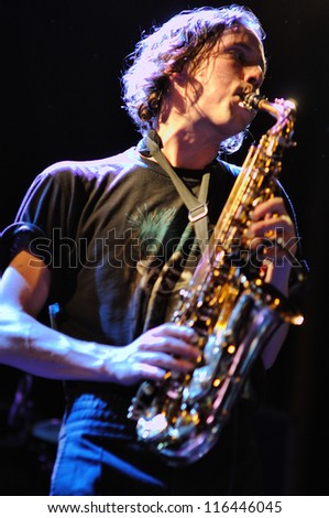 BARCELONA, SPAIN - OCT 14: Simon Balthazar, saxophone player of Fanfarlo band, performs at Apolo on October 14, 2012 in Barcelona.