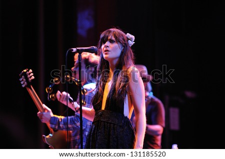 BARCELONA, SPAIN - APR 25: Zooey Deschanel, Hollywood Actress and singer, performs with her band She & Him at Apolo on April 25, 2010 in Barcelona, Spain. She perfoms with M. Ward.