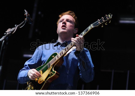 MADRID - JUNE 23: Alex Trimble, lead vocals, guitar, beats synths of Two Door Cinema Club, Northern Irish indie rock band from Bangor, performs at DDM Festival on June 23, 2012 in Madrid, Spain.