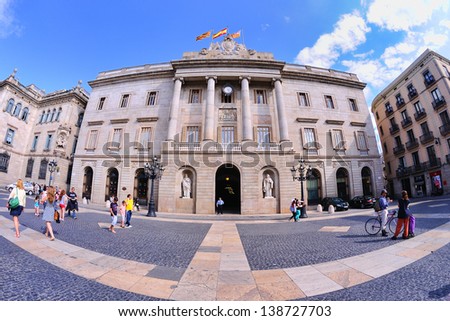 BARCELONA - MAY 4: The city council on May 4, 2013 in Barcelona, Spain. The Council is headquartered in St. James\'s Square (officially PlaÃ?Â§a de Sant Jaume, in Catalan).