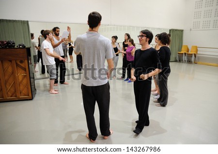 BARCELONA - MAR 3: Actors rehearsal Commedia dell\'arte on March 3, 2011 in Barcelona, Spain. Is a form of theater characterized by masked types which began in Italy.
