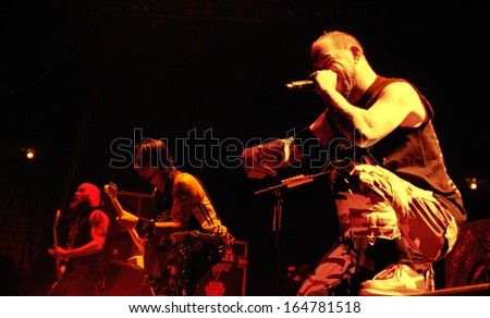 BARCELONA - NOV 25: Five Finger Death Punch (5FDP), heavy metal band, performs at Pavello Olimpic de Badalona stage on November 25, 2013 in Barcelona, Spain.