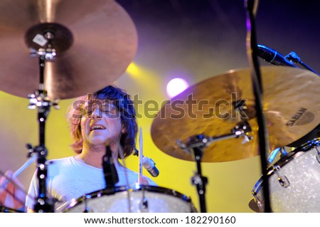 BARCELONA - JUNE 4: The drummer of The Black Box Revelation (band from Belgium) performs at Discotheque Razzmatazz on June 4, 2010 in Barcelona, Spain.