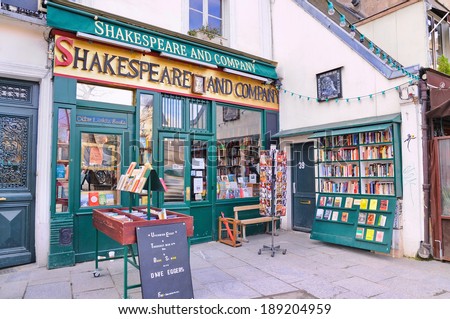 PARIS - MAR 2: The famous Shakespeare and Company bookstore on March 2, 2014 in Paris, France. It was featured in the Richard Linklater film Before Sunset and in the Woody Allen\'s Midnight in Paris.
