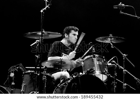 BARCELONA - JUNE 9: Drummer of Cut Your Hair band performs at Sant Jordi Club on June 9, 2012 in Barcelona, Spain during the Porompopero Festival.