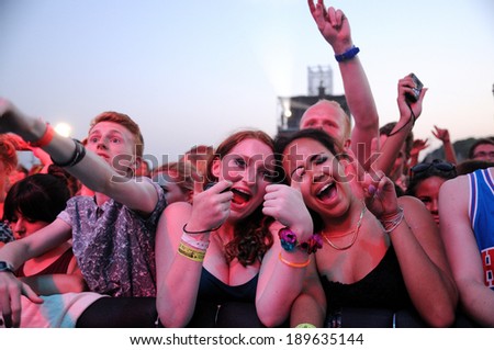 BENICASIM, SPAIN - JULY 19: People from the crowd (fans) watch a concert at FIB Festival on July 19, 2013 in Benicasim, Spain.