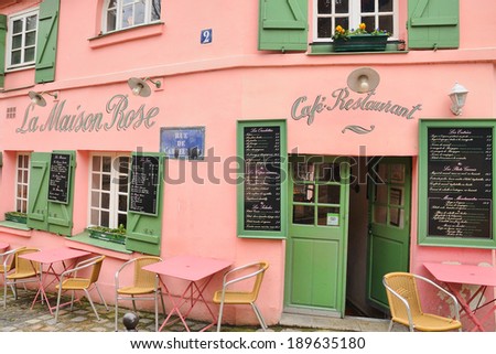 PARIS - MAR 1: La Maison Rose, a famous cafe restaurent of Montmartre, all painted in pink on March 1, 2014 in Paris, France.