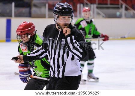 BARCELONA - MAY 11: The referee in action in the Ice Hockey final of the Copa del Rey (Spanish Cup) between F.C. Barcelona and Jabac Terrassa teams on May 11, 2014 in Barcelona, Spain.