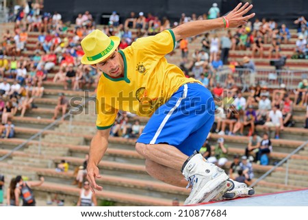 BARCELONA - JUN 28: A professional skater at the Inline skating jumps competition at LKXA Extreme Sports Barcelona Games on June 28, 2014 in Barcelona, Spain.